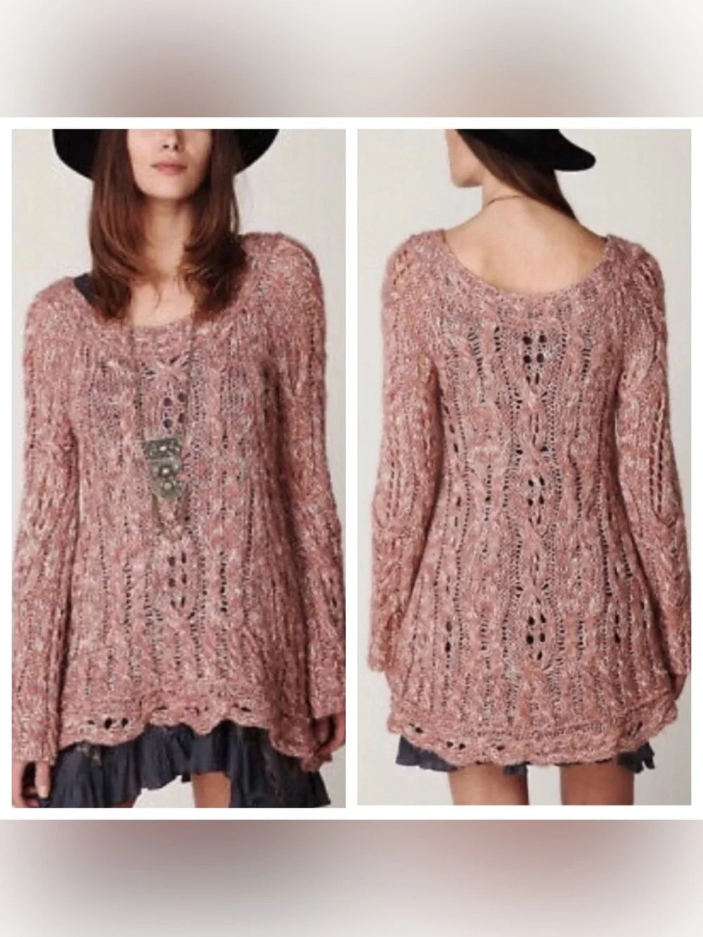 Free People pink crochet oversized bell sleeve sweater